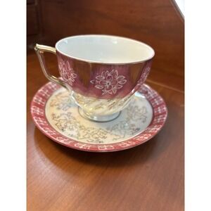 Lobeco Bone China Tea Cup & Saucer Made in Japan‎ Luster Burgundy & White EUC